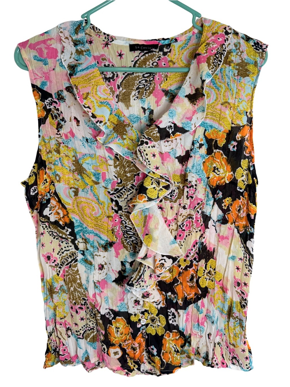 3/$20 Le Caviar Multicolor Floral Ruffle Sleeveless Button Down Blouse Size XL